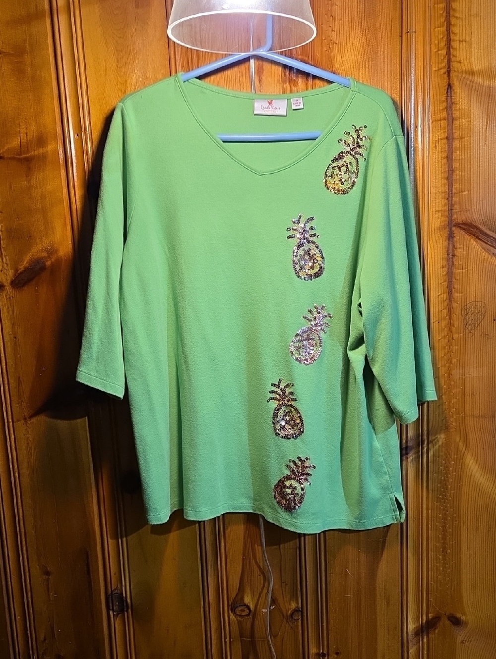 Quacker Factory Lime Green V-Neck Long Sleeve Top with Sequin Pineapples